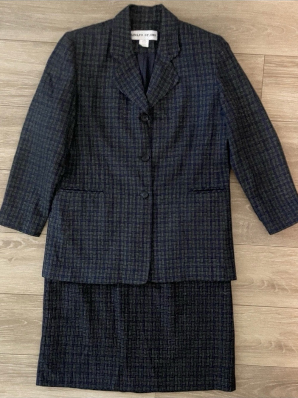 Vintage Adolfo Studio Navy & Black Houndstooth Two-Piece Skirt Suit
